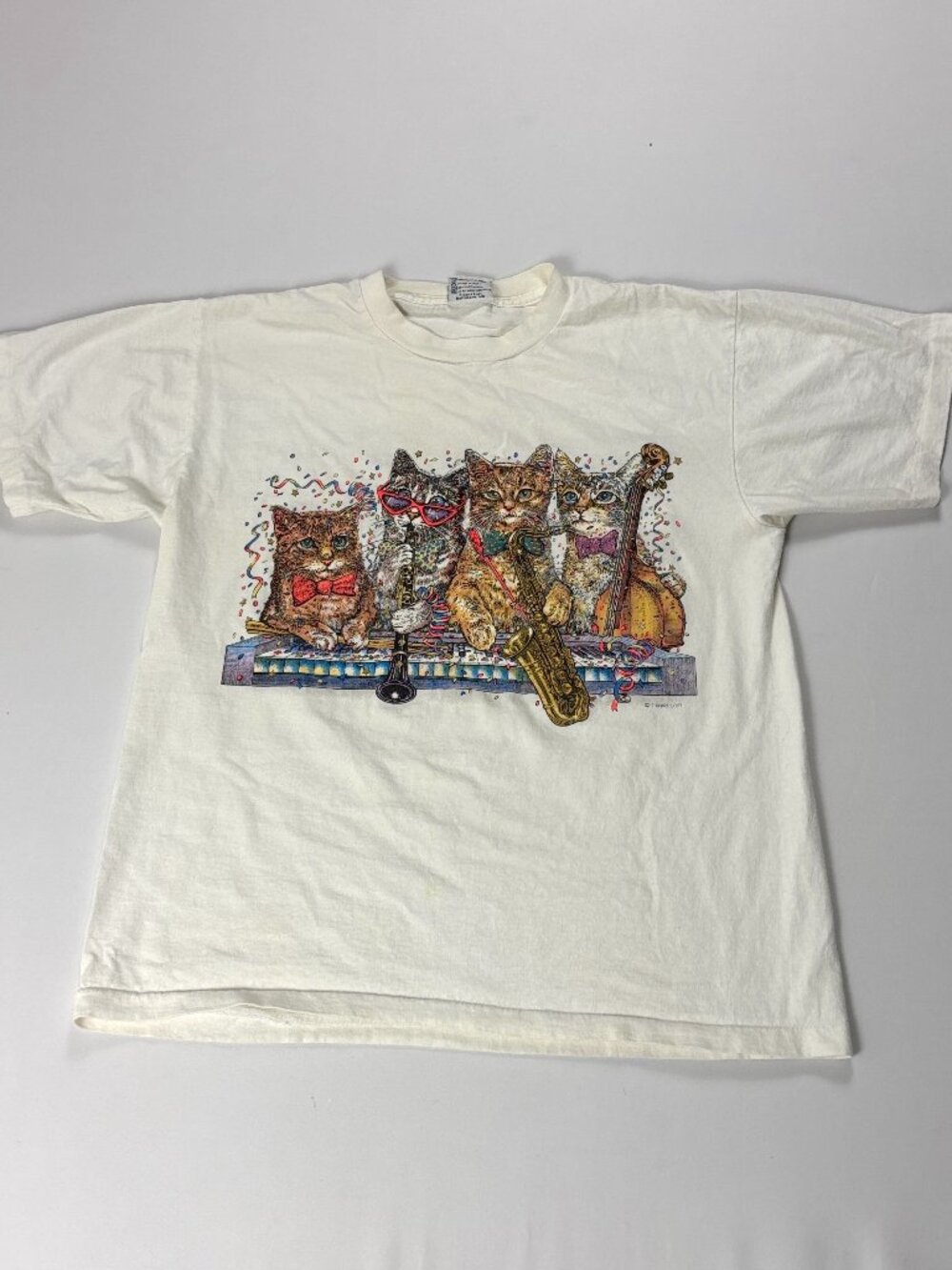 Vintage Prints Of Tails Cats Double Sided Graphic T Shirt White Sz L Music USA